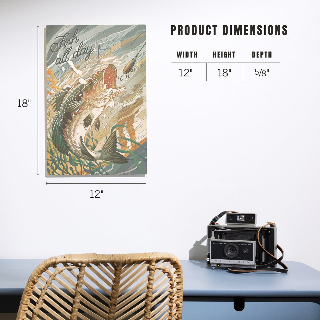 Fish All Day, Bass, Wood Signs and Postcards Wood Lantern Press