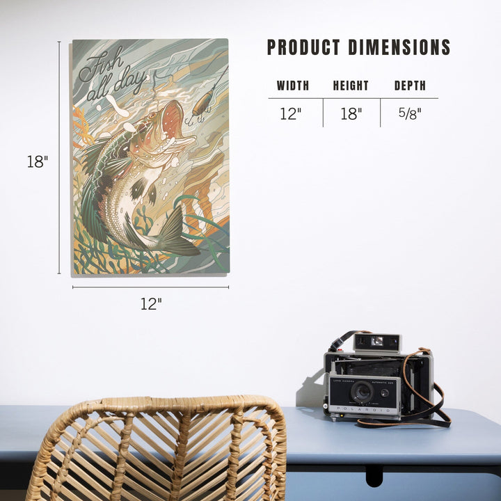 Fish All Day, Bass, Wood Signs and Postcards Wood Lantern Press