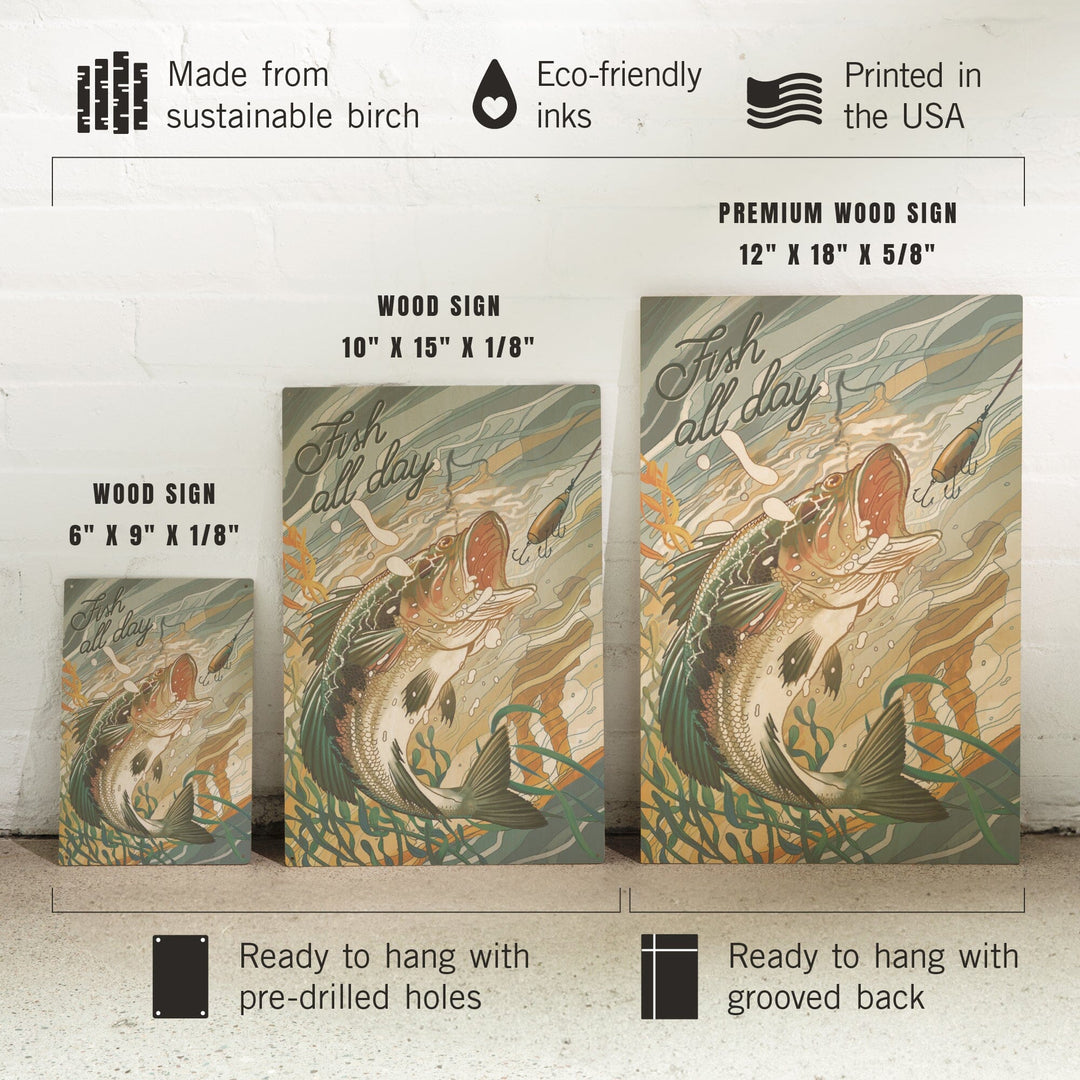 Fish All Day, Bass, Wood Signs and Postcards Wood Lantern Press