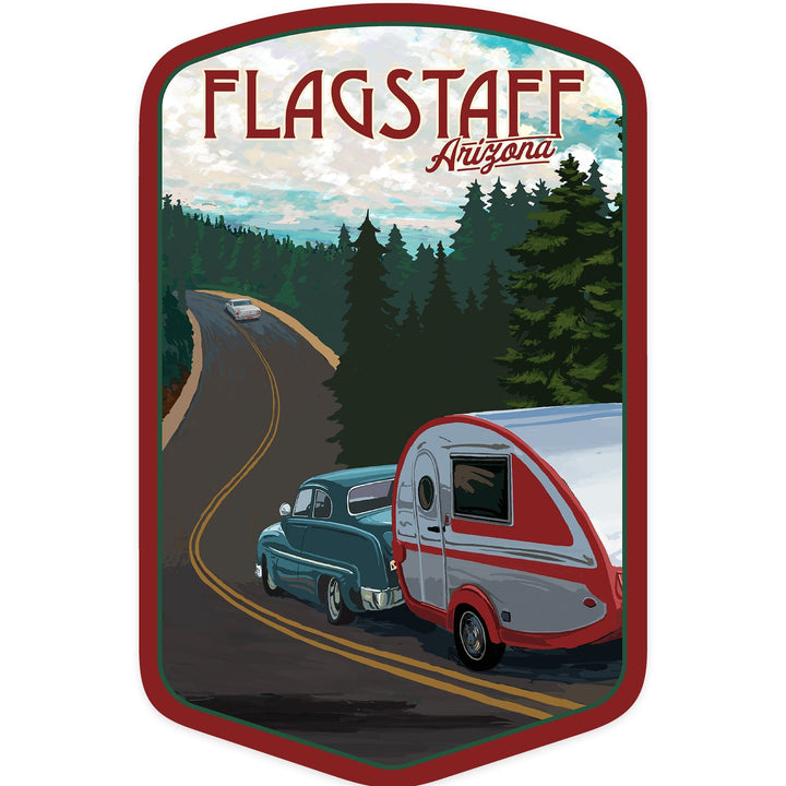 Flagstaff, Arizona, Retro Camper on Road, Contour, Vinyl Sticker Sticker Lantern Press
