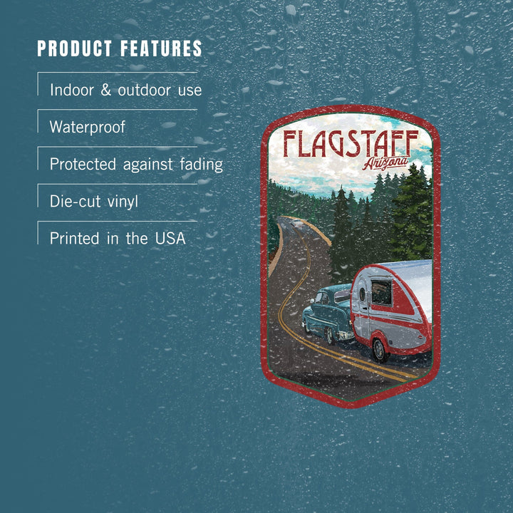 Flagstaff, Arizona, Retro Camper on Road, Contour, Vinyl Sticker Sticker Lantern Press