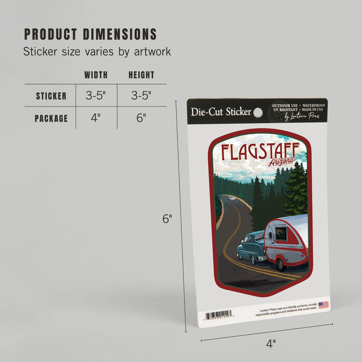 Flagstaff, Arizona, Retro Camper on Road, Contour, Vinyl Sticker Sticker Lantern Press