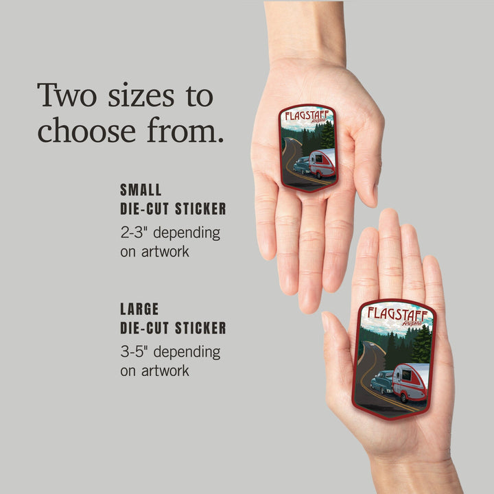 Flagstaff, Arizona, Retro Camper on Road, Contour, Vinyl Sticker Sticker Lantern Press