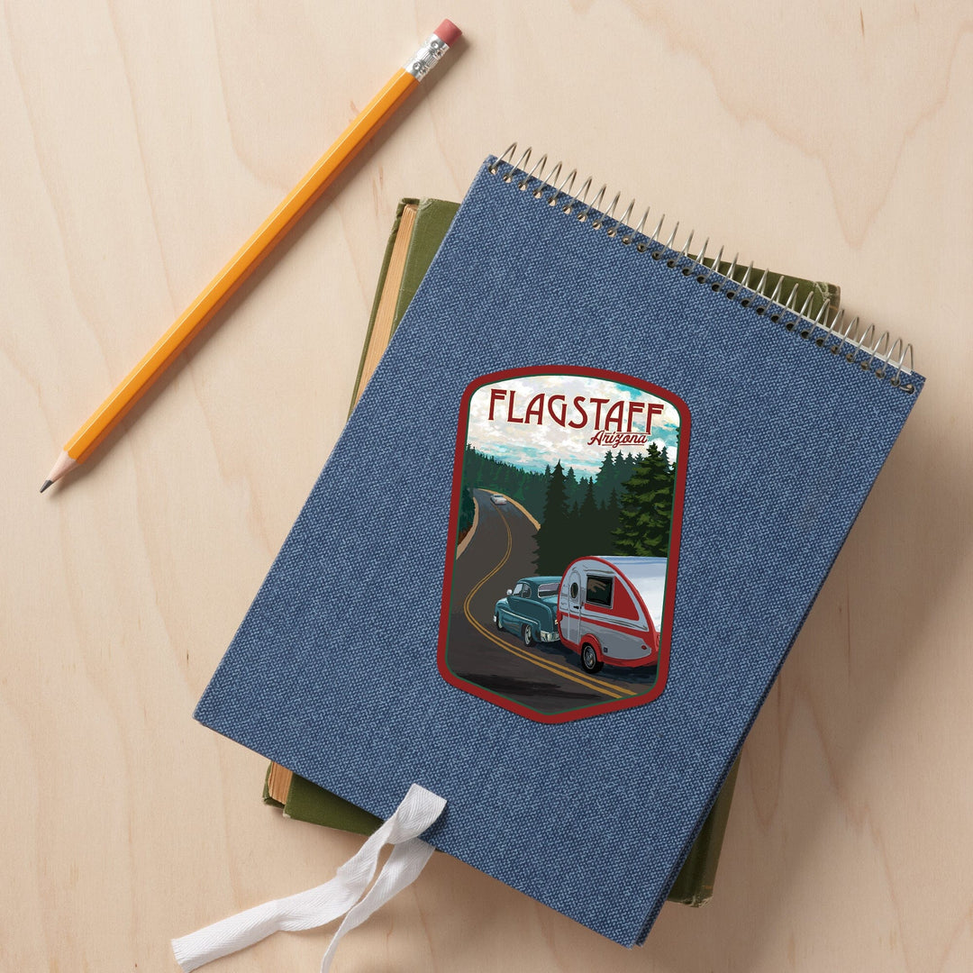 Flagstaff, Arizona, Retro Camper on Road, Contour, Vinyl Sticker Sticker Lantern Press