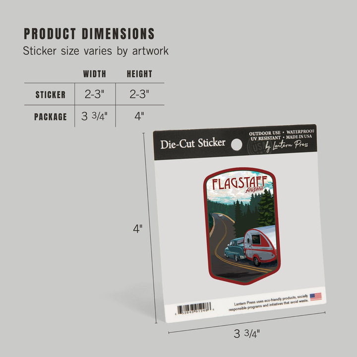 Flagstaff, Arizona, Retro Camper on Road, Contour, Vinyl Sticker Sticker Lantern Press