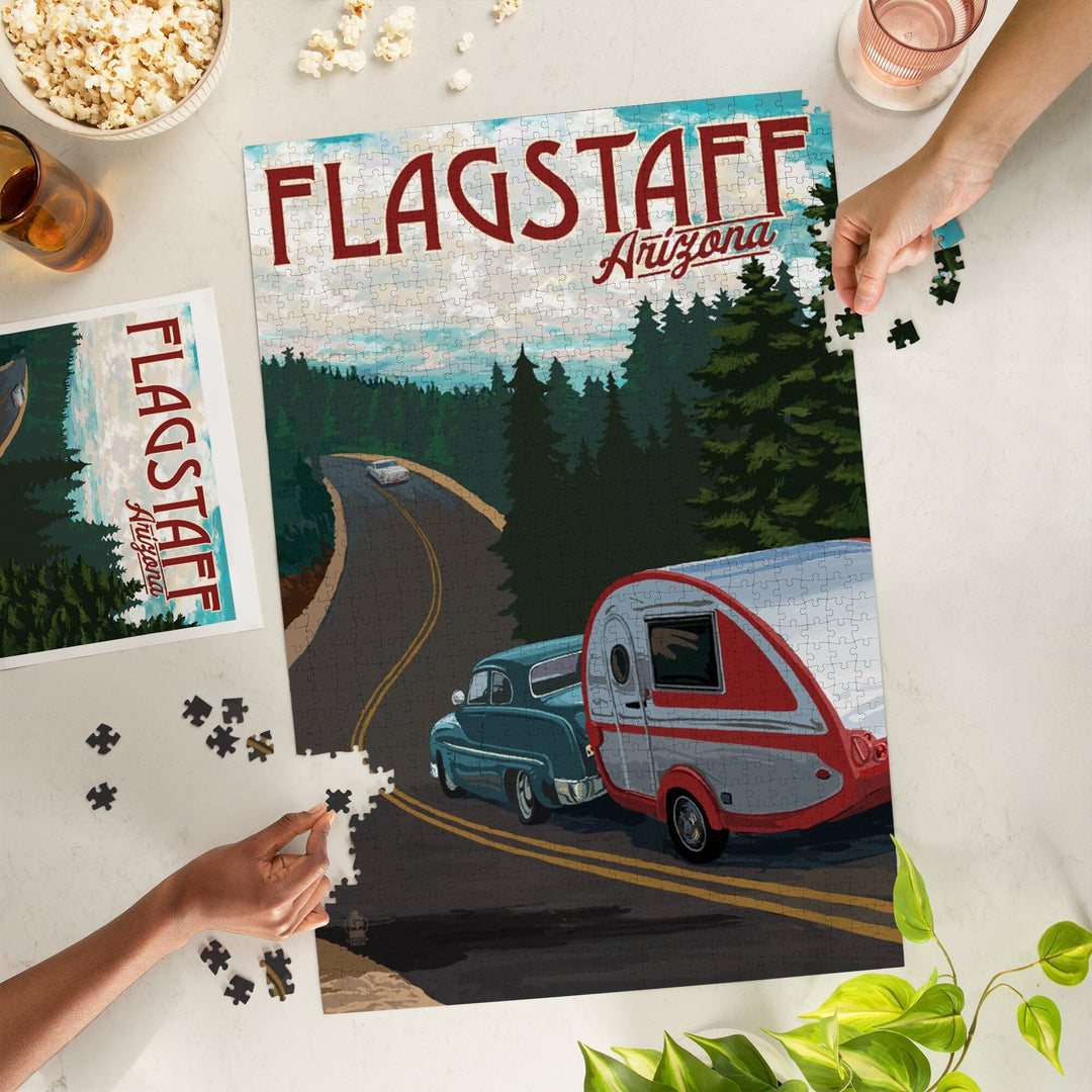 Flagstaff, Arizona, Retro Camper on Road, Jigsaw Puzzle Puzzle Lantern Press