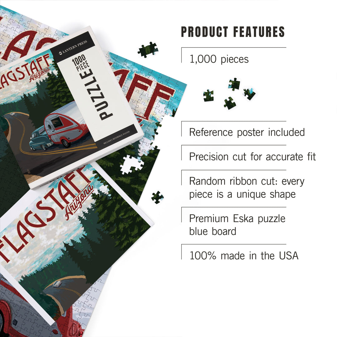 Flagstaff, Arizona, Retro Camper on Road, Jigsaw Puzzle Puzzle Lantern Press