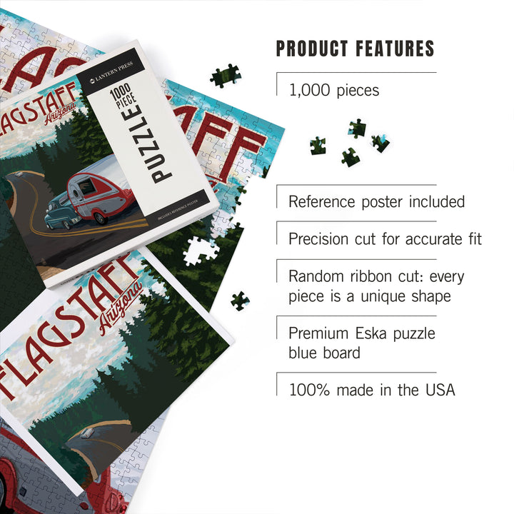 Flagstaff, Arizona, Retro Camper on Road, Jigsaw Puzzle Puzzle Lantern Press