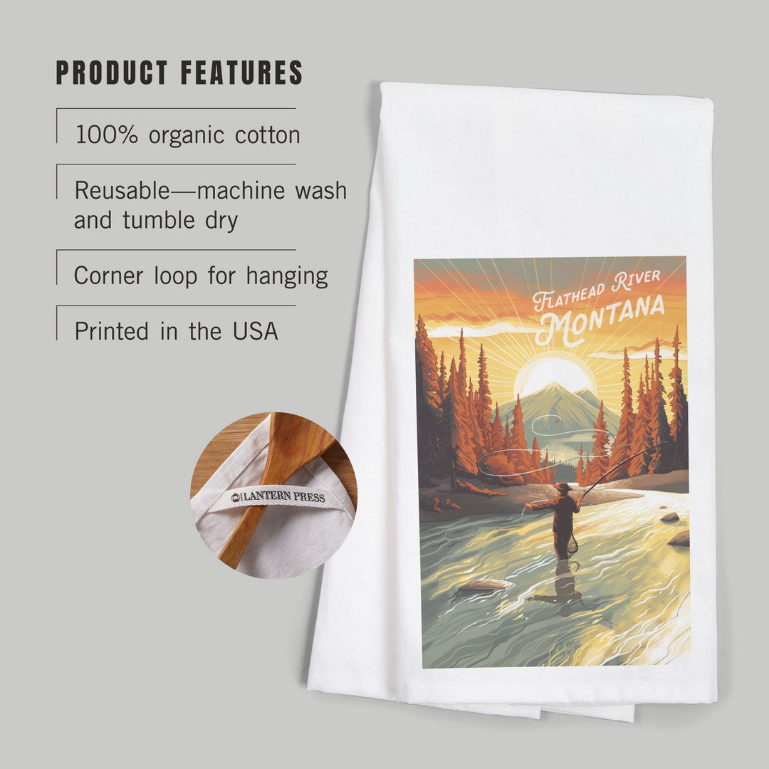 Flathead River, Montana, Get Outside Series, This is Living, Fishing with Mountain, Organic Cotton Kitchen Tea Towels Kitchen Lantern Press