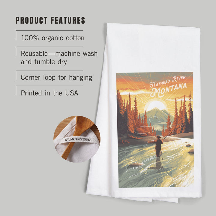 Flathead River, Montana, Get Outside Series, This is Living, Fishing with Mountain, Organic Cotton Kitchen Tea Towels Kitchen Lantern Press