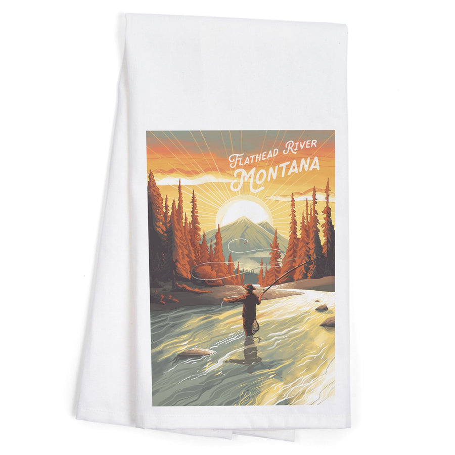 Flathead River, Montana, Get Outside Series, This is Living, Fishing with Mountain, Organic Cotton Kitchen Tea Towels Kitchen Lantern Press