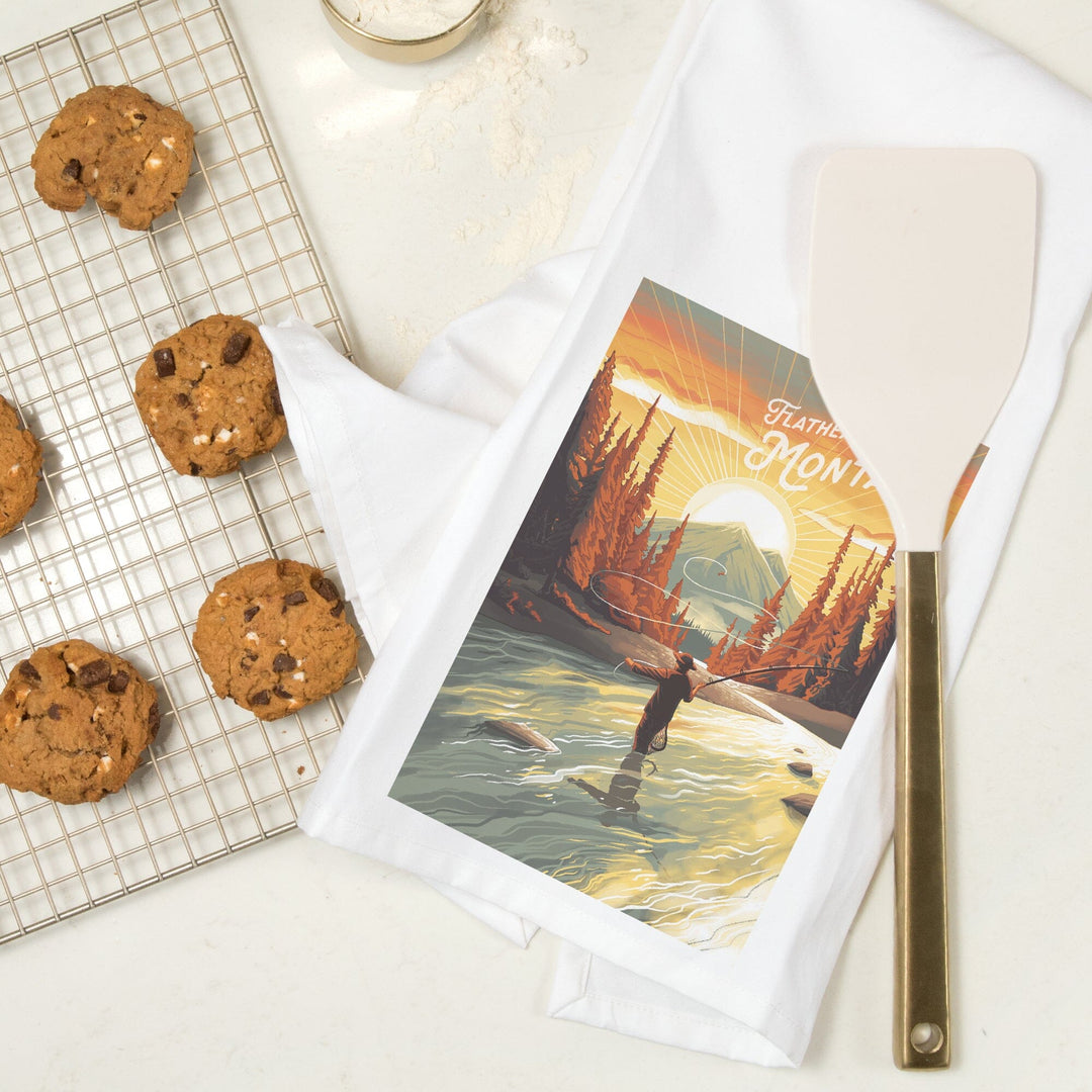 Flathead River, Montana, Get Outside Series, This is Living, Fishing with Mountain, Organic Cotton Kitchen Tea Towels Kitchen Lantern Press