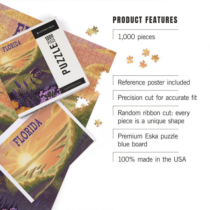 Florida, Lithograph, Bear and Spring Flowers, Lake, Jigsaw Puzzle Puzzle Lantern Press