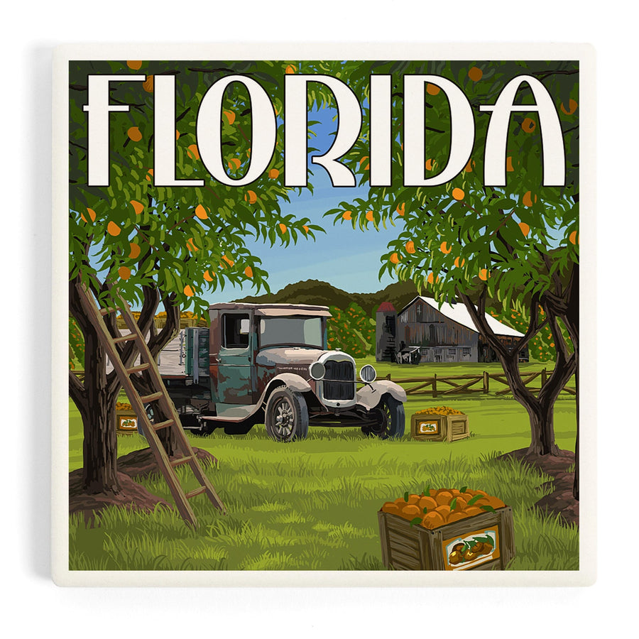 Florida, Orange Grove with Truck, Coasters Coasters Lantern Press