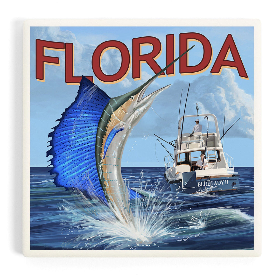 Florida, Sailfish Scene, Coasters Coasters Lantern Press Coaster