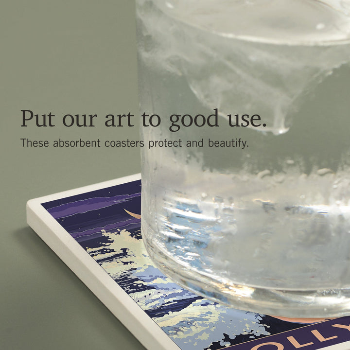 Folly Beach, South Carolina, Surfer with Palmetto Moon, Coasters Coasters Lantern Press