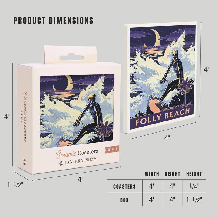 Folly Beach, South Carolina, Surfer with Palmetto Moon, Coasters Coasters Lantern Press