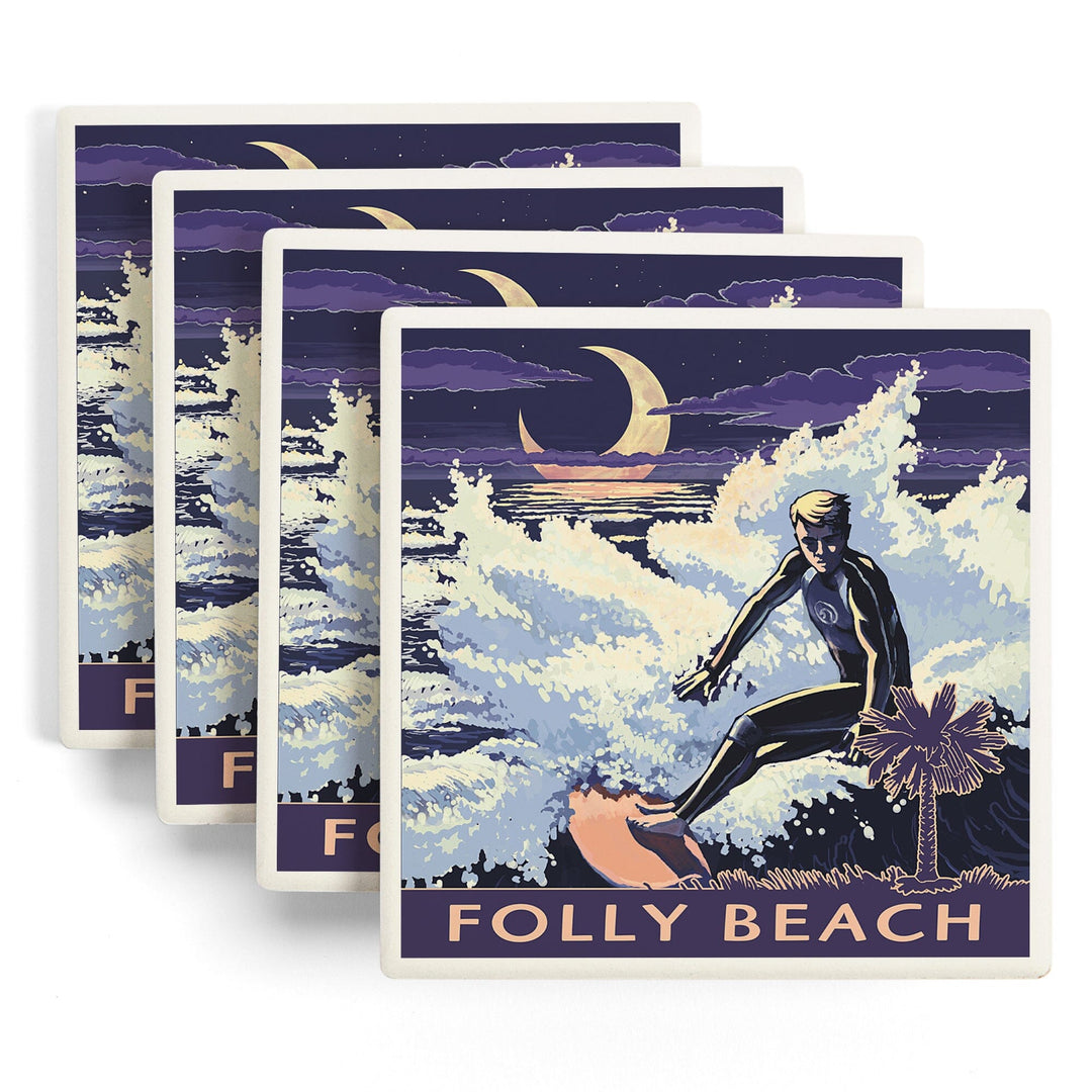 Folly Beach, South Carolina, Surfer with Palmetto Moon, Coasters Coasters Lantern Press