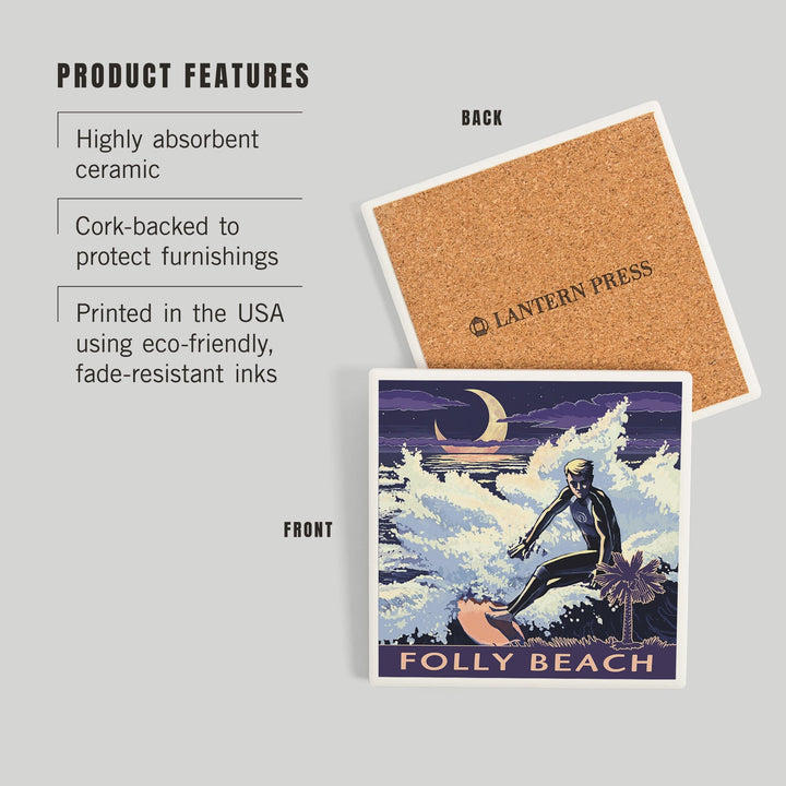 Folly Beach, South Carolina, Surfer with Palmetto Moon, Coasters Coasters Lantern Press