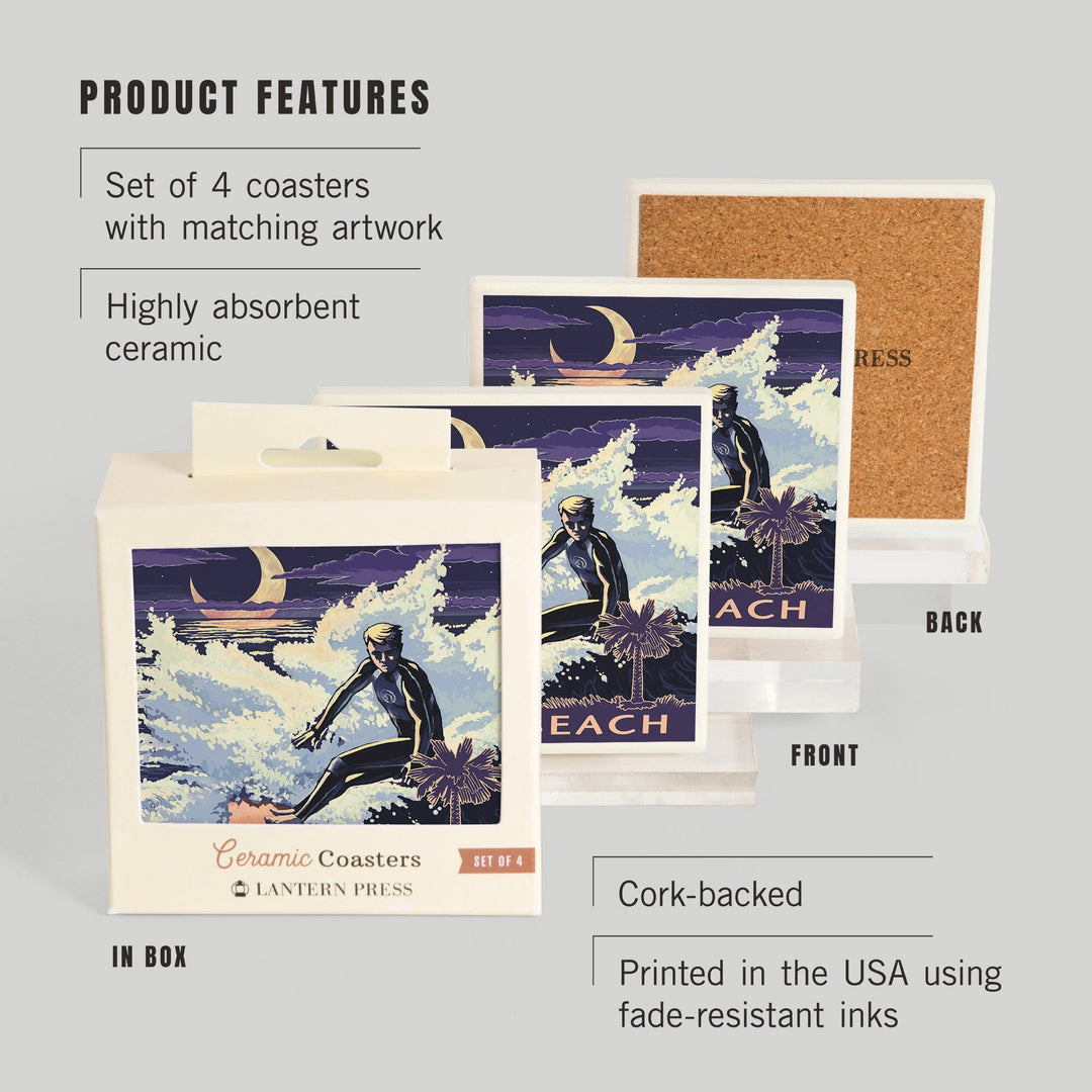 Folly Beach, South Carolina, Surfer with Palmetto Moon, Coasters Coasters Lantern Press