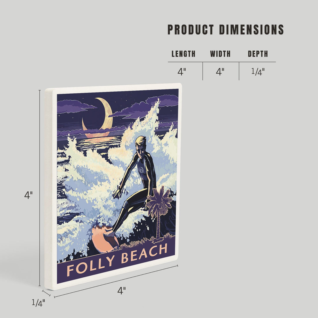 Folly Beach, South Carolina, Surfer with Palmetto Moon, Coasters Coasters Lantern Press
