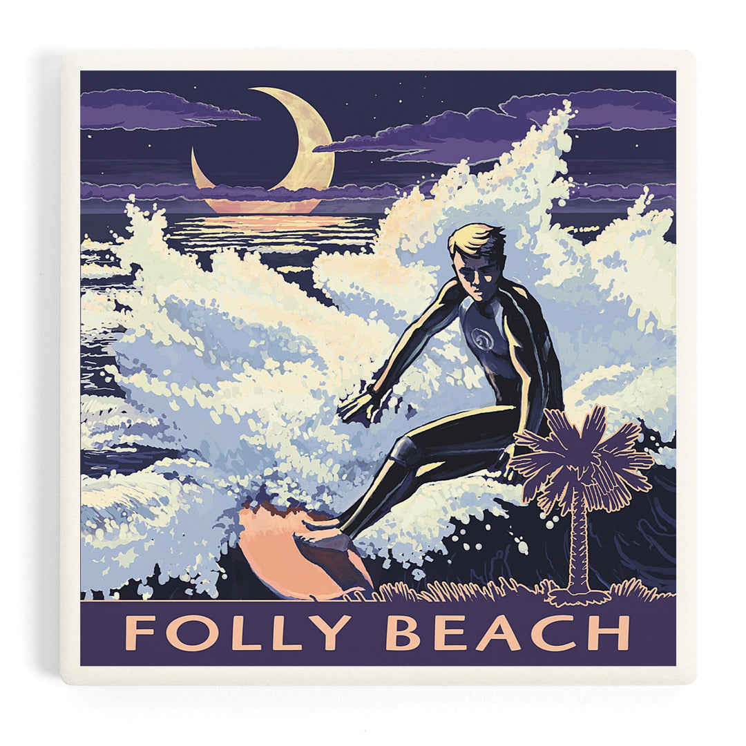 Folly Beach, South Carolina, Surfer with Palmetto Moon, Coasters Coasters Lantern Press Coaster