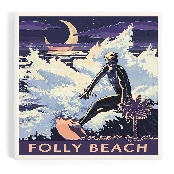 Folly Beach, South Carolina, Surfer with Palmetto Moon, Coasters Coasters Lantern Press Coaster