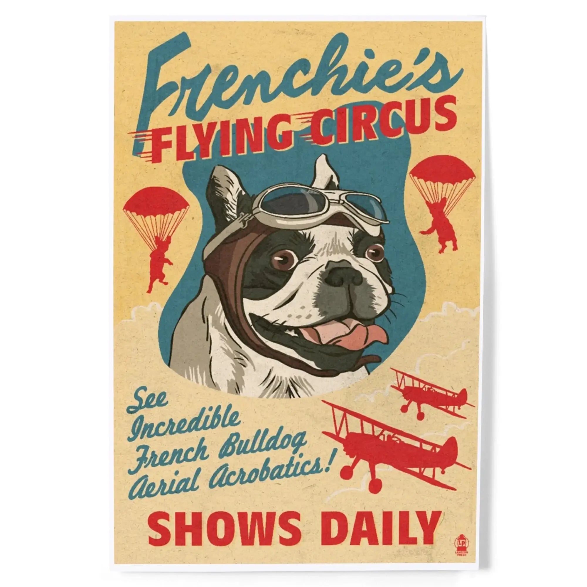 French Bulldog, Retro Flying Circus Ad art prints, metal signs