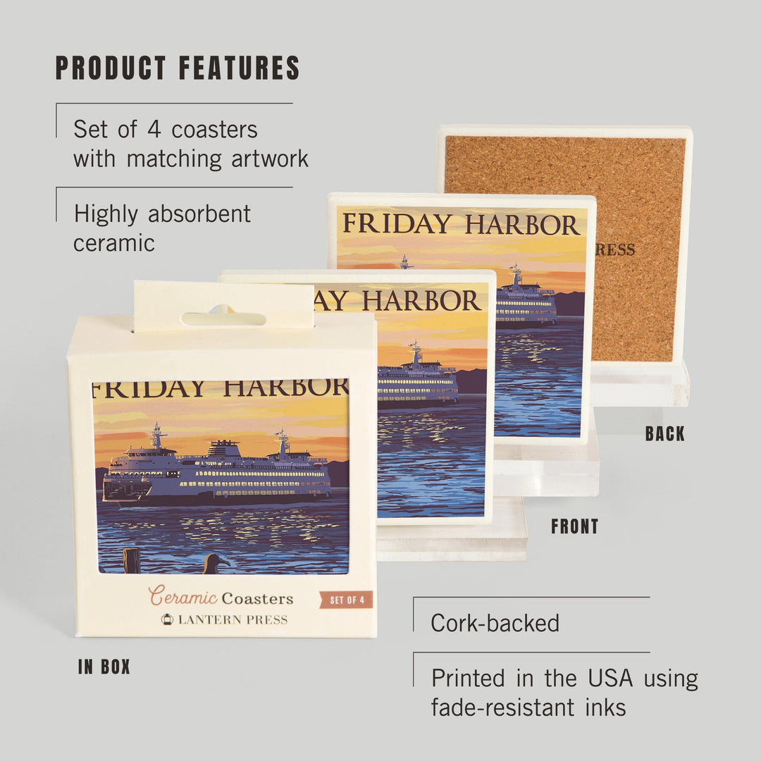 Friday Harbor, Washington, Ferry Sunset and Gull, Coasters Coasters Lantern Press