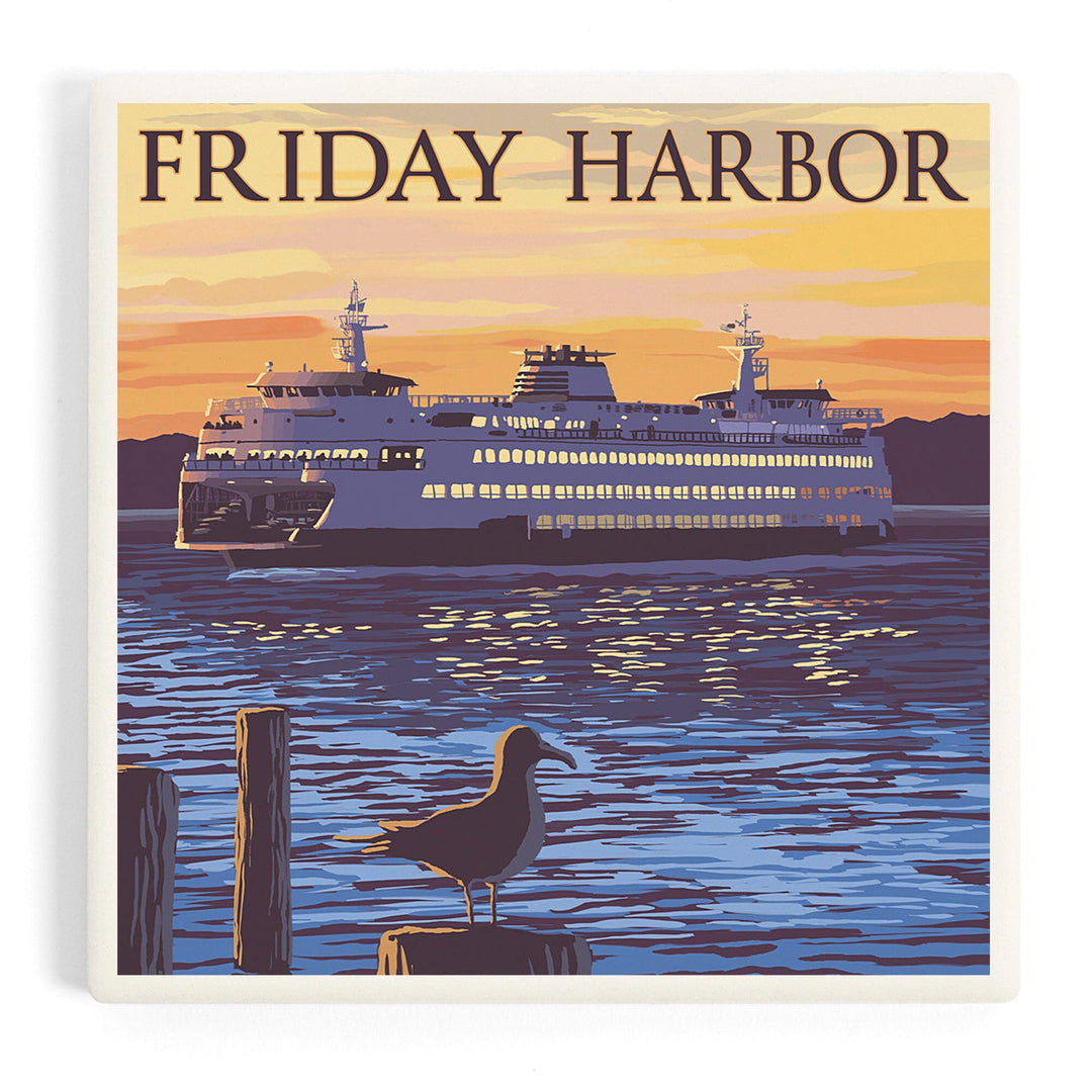 Friday Harbor, Washington, Ferry Sunset and Gull, Coasters Coasters Lantern Press
