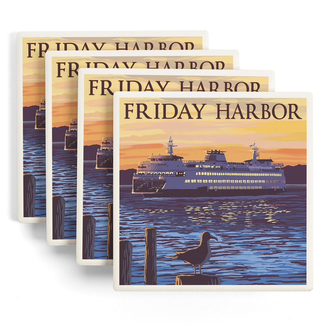 Friday Harbor, Washington, Ferry Sunset and Gull, Coasters Coasters Lantern Press