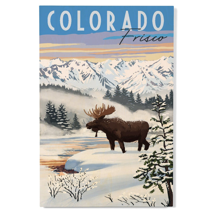 Frisco, Colorado, Moose, Winter Scene, Lantern Press Artwork, Wood Signs and Postcards - Lantern Press