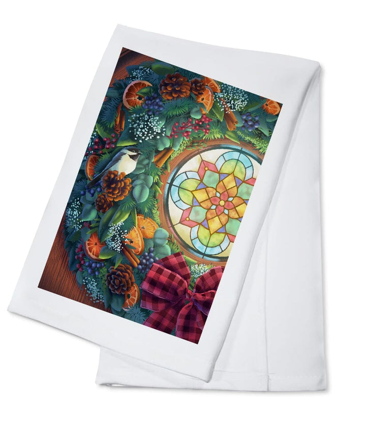 Front Door with Christmas Wreath, Organic Cotton Kitchen Tea Towels Kitchen Lantern Press
