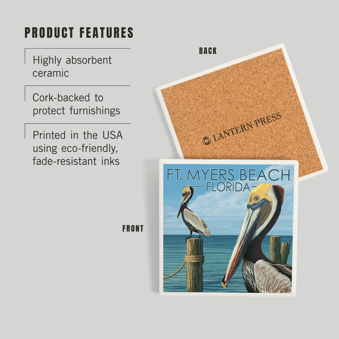 Ft. Myers Beach, Florida, Pelicans, Coasters Coasters Lantern Press