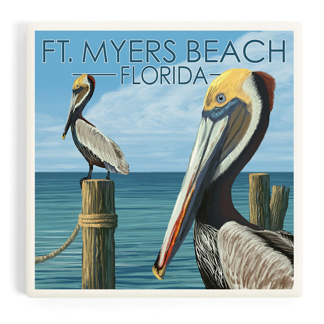 Ft. Myers Beach, Florida, Pelicans, Coasters Coasters Lantern Press Coaster