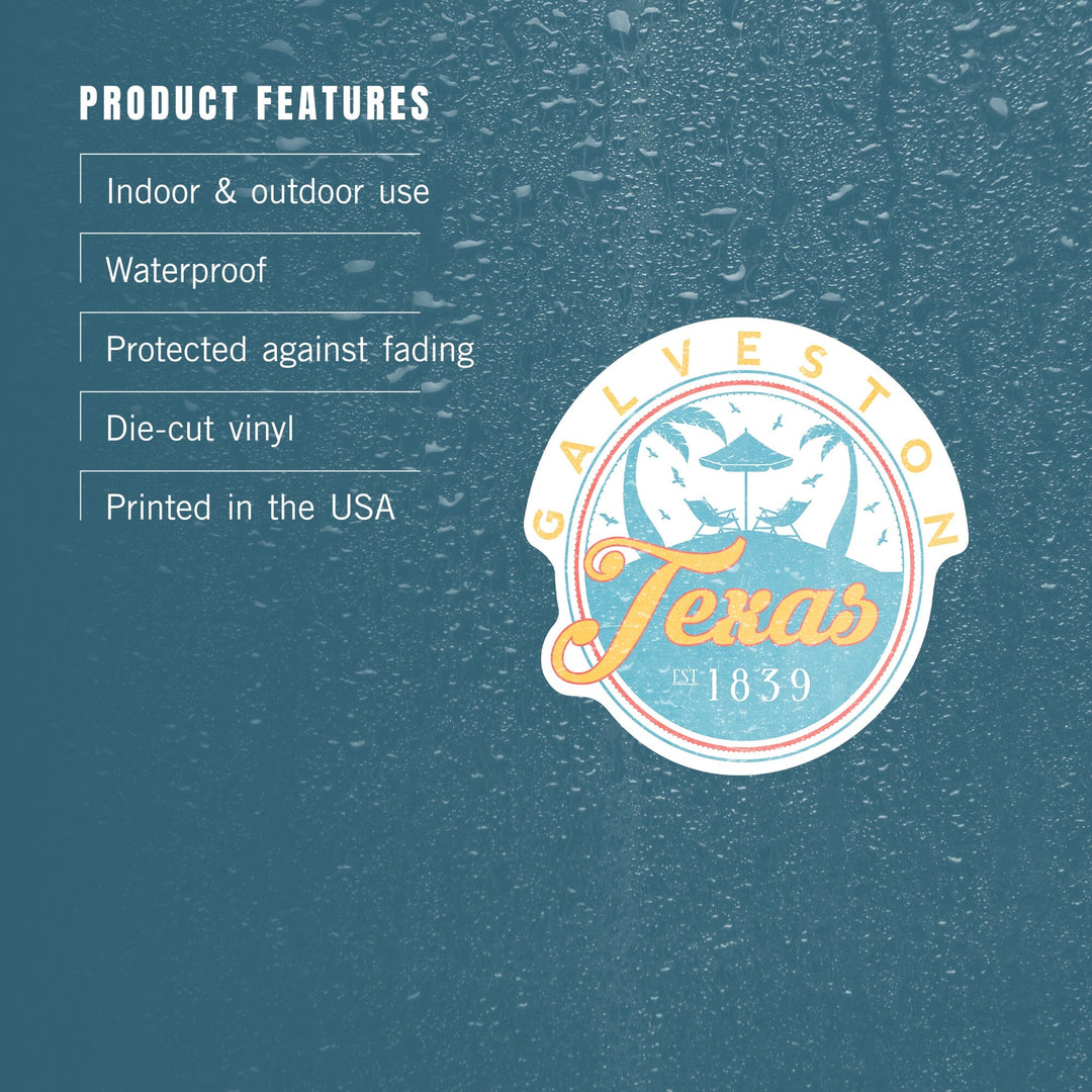 Galveston, Texas, Beach Scene, Contour, Lantern Press Artwork, Vinyl Sticker - Lantern Press