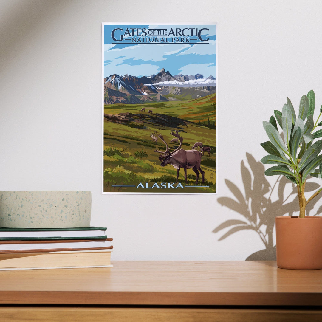 Gates of the Arctic National Park, Alaska, Caribou and Mountains, Art & Giclee Prints - Lantern Press