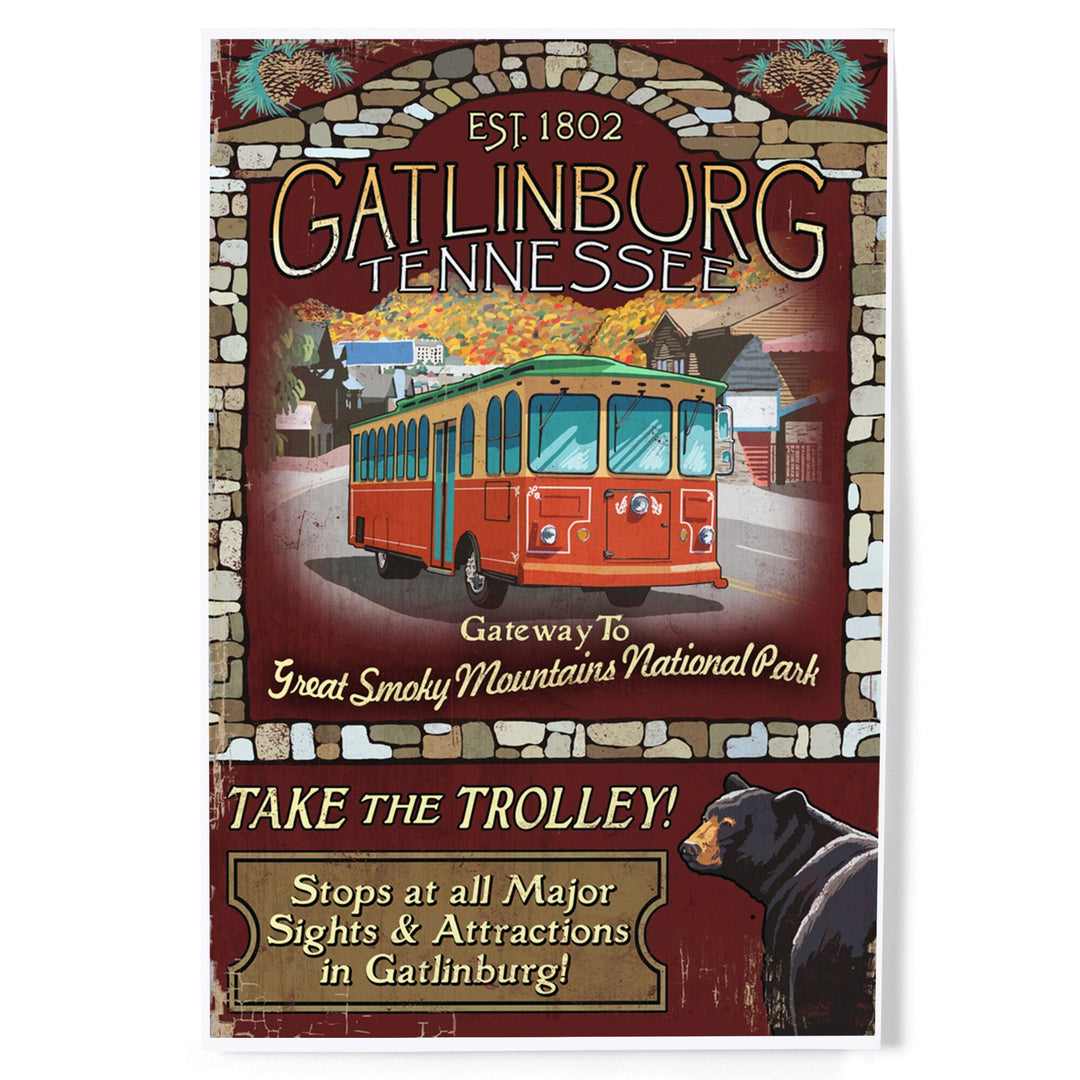 Gatlinburg, Tennessee, Trolley Vintage Sign, Art & Giclee Prints - Lantern Press