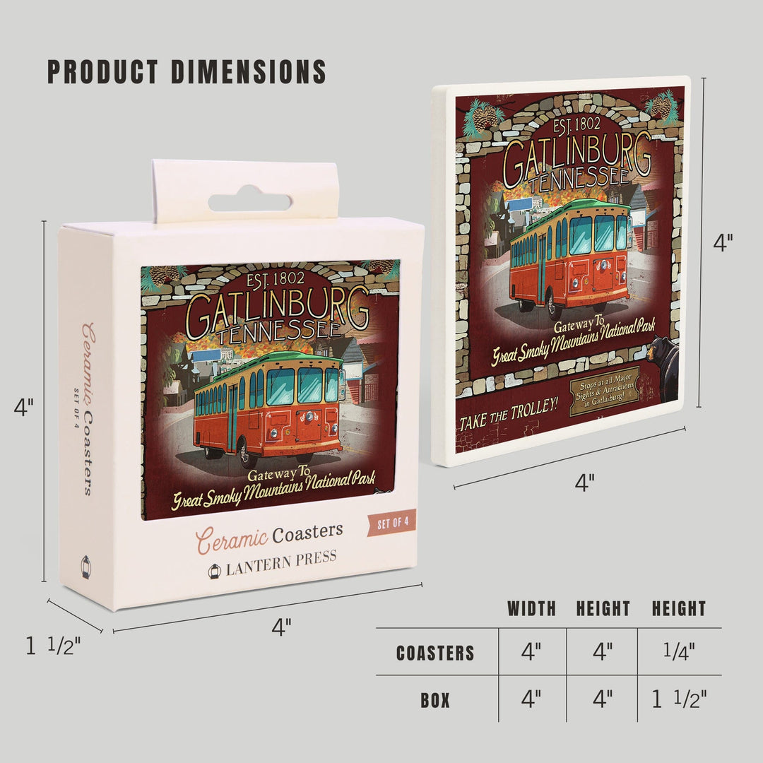 Gatlinburg, Tennessee, Trolley Vintage Sign, Coasters Coasters Lantern Press