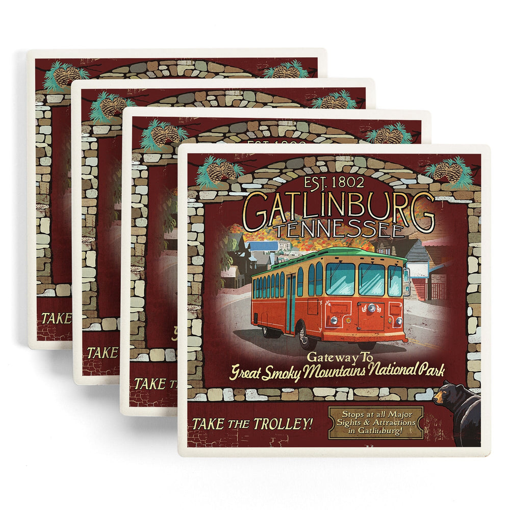 Gatlinburg, Tennessee, Trolley Vintage Sign, Coasters Coasters Lantern Press
