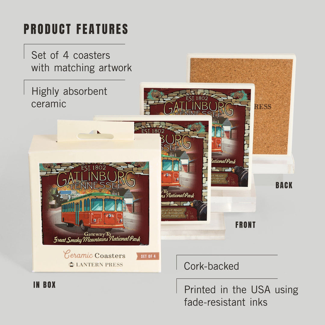 Gatlinburg, Tennessee, Trolley Vintage Sign, Coasters Coasters Lantern Press