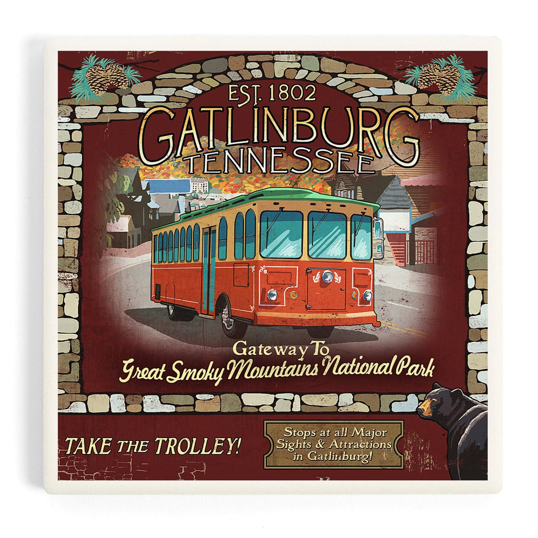 Gatlinburg, Tennessee, Trolley Vintage Sign, Coasters Coasters Lantern Press Coaster