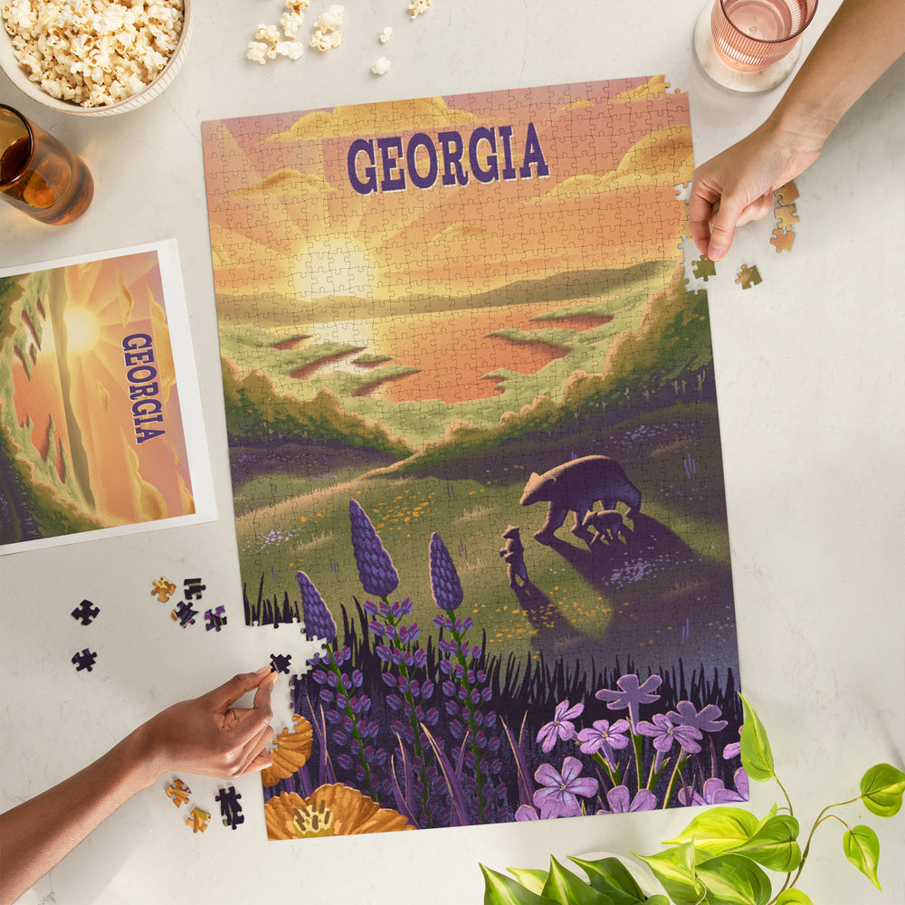 Georgia, Lithograph, Bear and Spring Flowers, Lake, Jigsaw Puzzle Puzzle Lantern Press