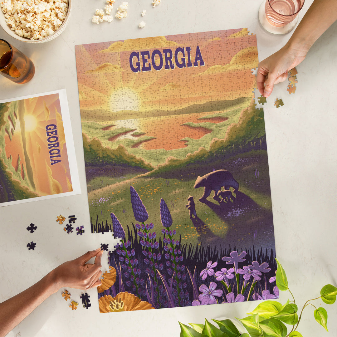 Georgia, Lithograph, Bear and Spring Flowers, Lake, Jigsaw Puzzle Puzzle Lantern Press