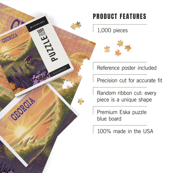 Georgia, Lithograph, Bear and Spring Flowers, Lake, Jigsaw Puzzle Puzzle Lantern Press