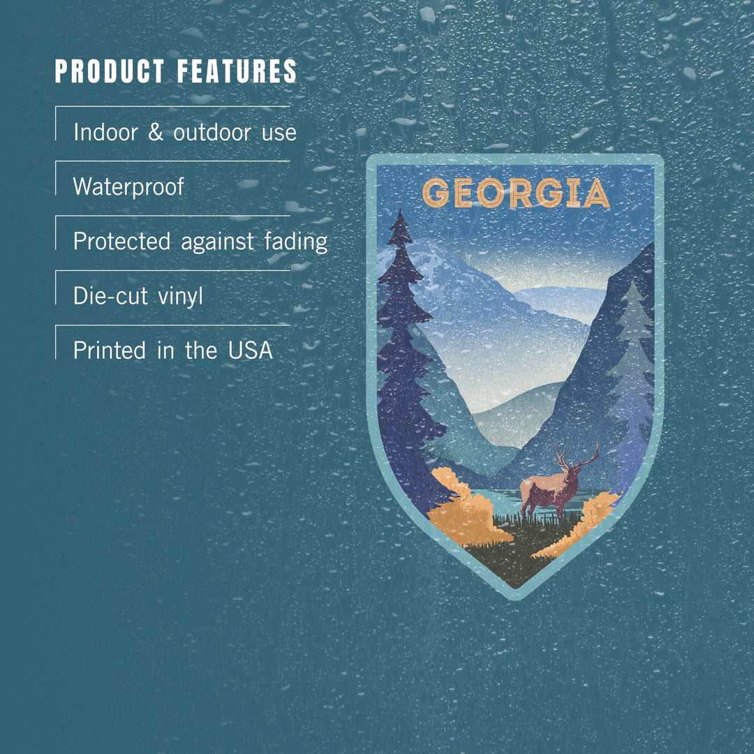 Georgia, Lithograph, Elk and Mountains Scene, Contour, Vinyl Sticker Sticker Lantern Press