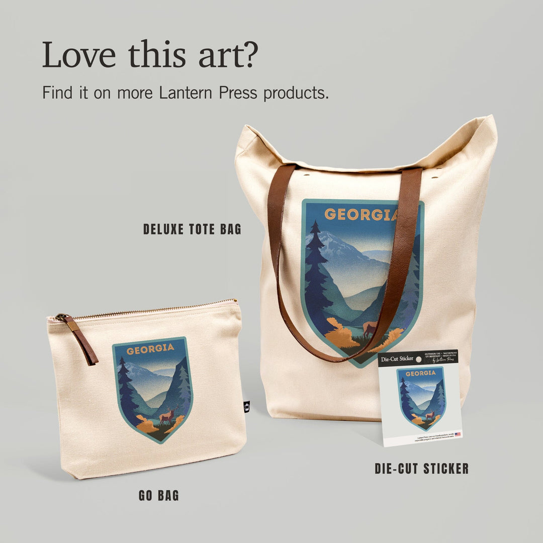 Georgia, Lithograph, Elk and Mountains Scene, Contour, Vinyl Sticker Sticker Lantern Press
