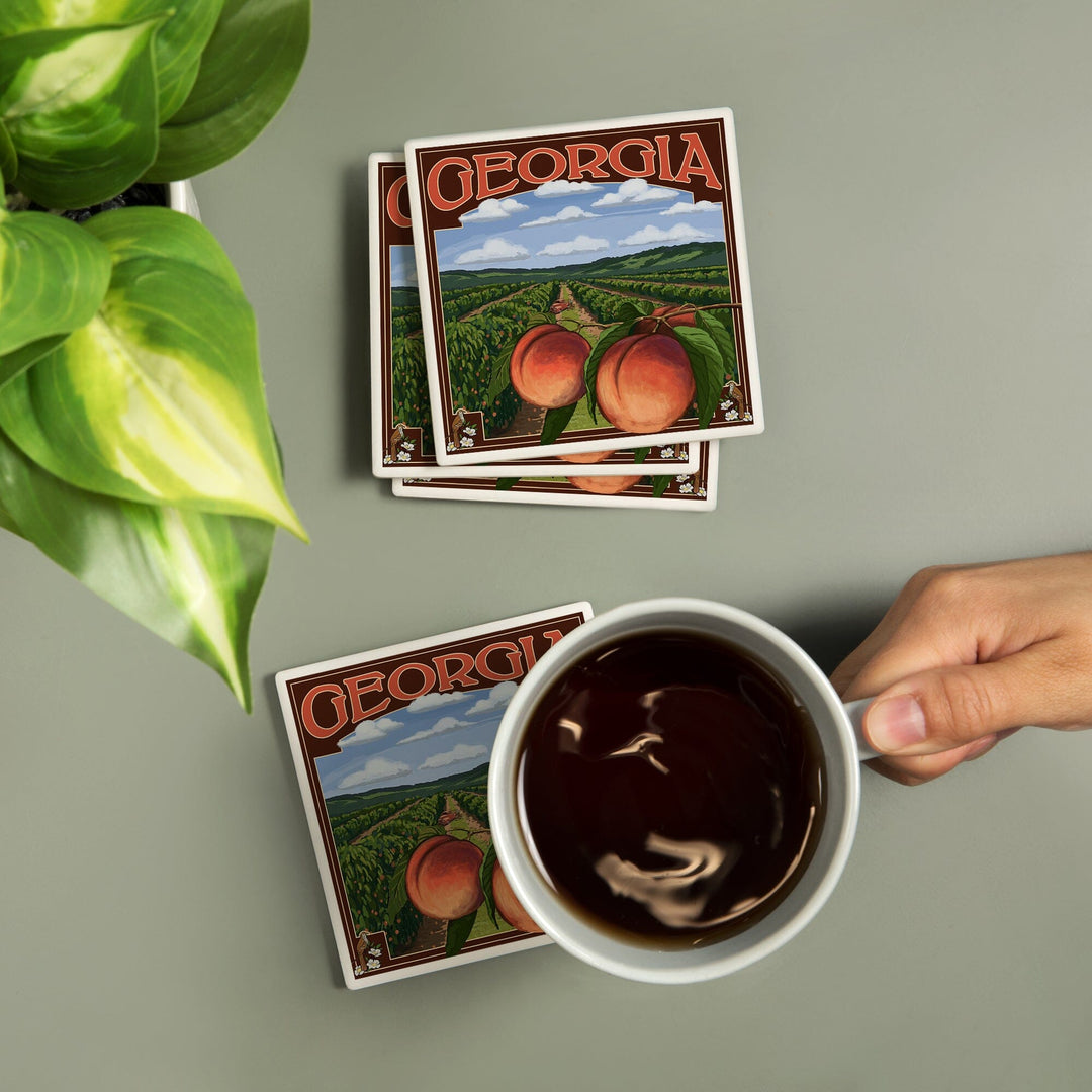 Georgia, Peach Orchard Scene, Coasters Coasters Lantern Press