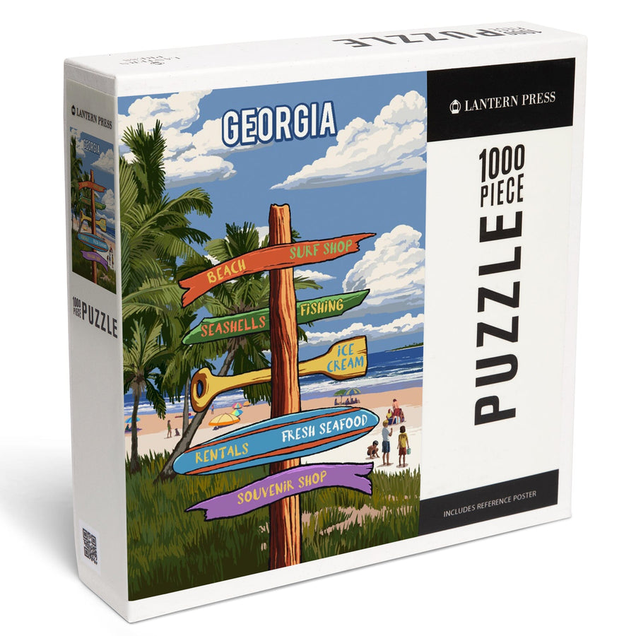 Georgia, Signpost, Coast Beach with Palms, Jigsaw Puzzle Puzzle Lantern Press