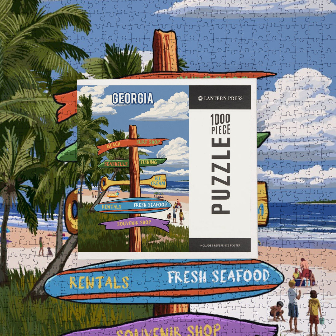 Georgia, Signpost, Coast Beach with Palms, Jigsaw Puzzle Puzzle Lantern Press